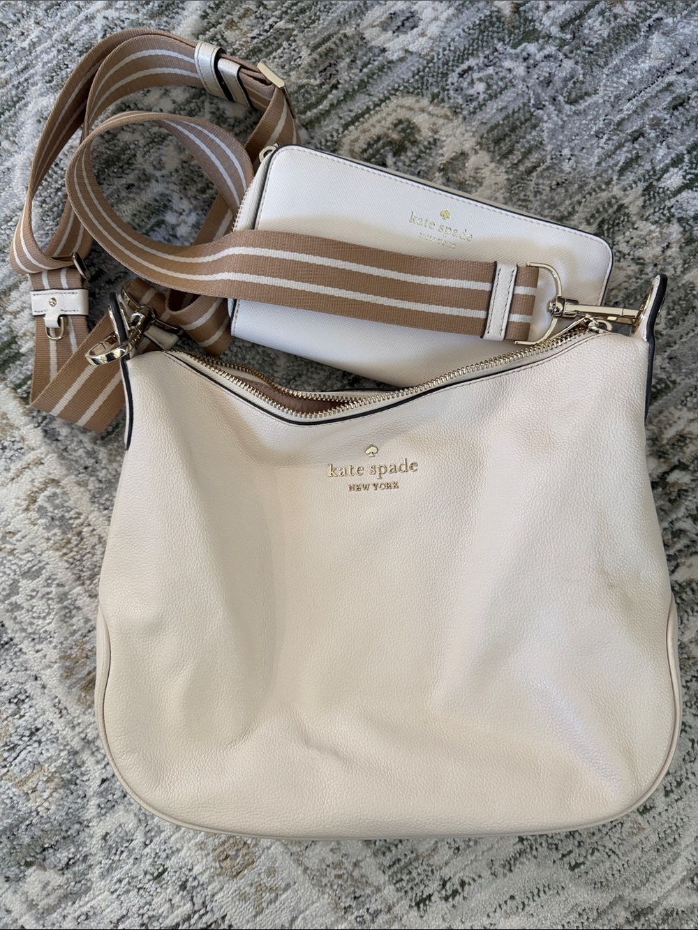 kate spade Cream Leather Shoulder Bag with Striped Tan Strap